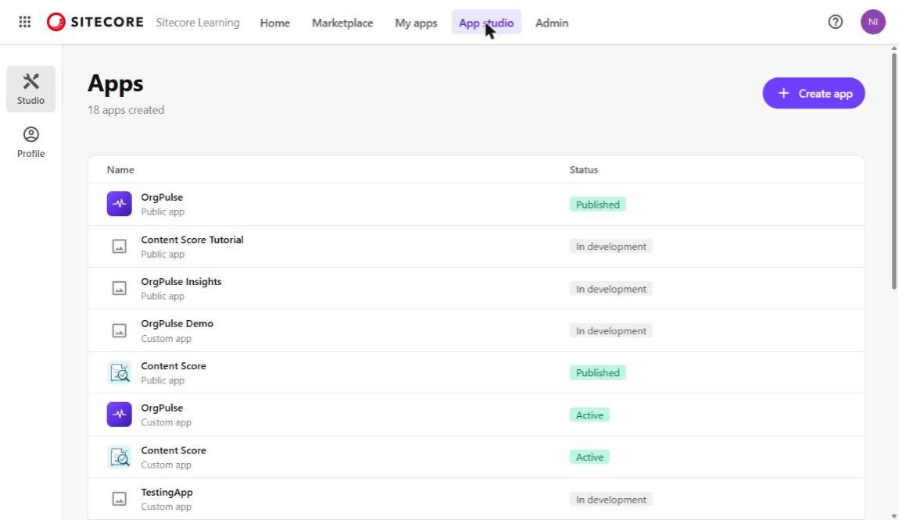 App studio – list of apps and the Create app button