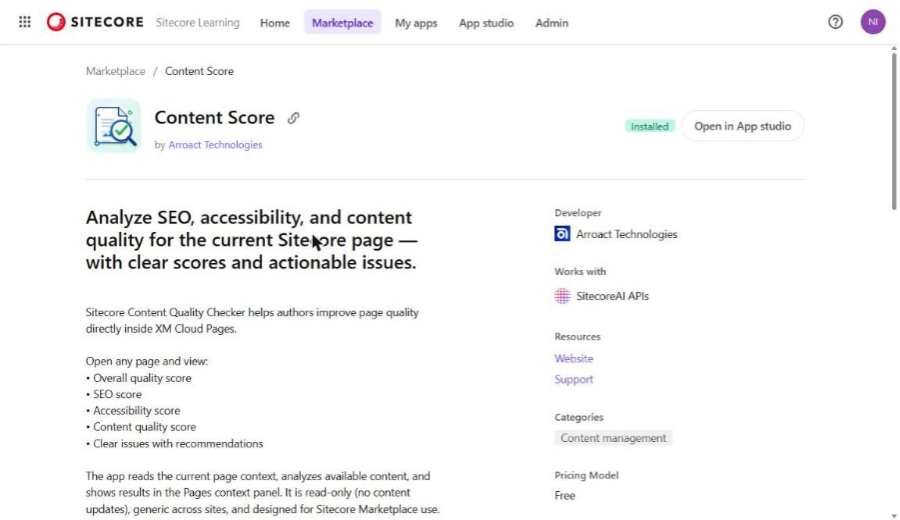 Published Content Score listing in the Marketplace
Published Content Score listing in the Marketplace