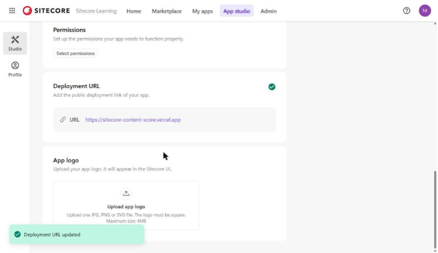 Deployment URL saved, with the App logo section below