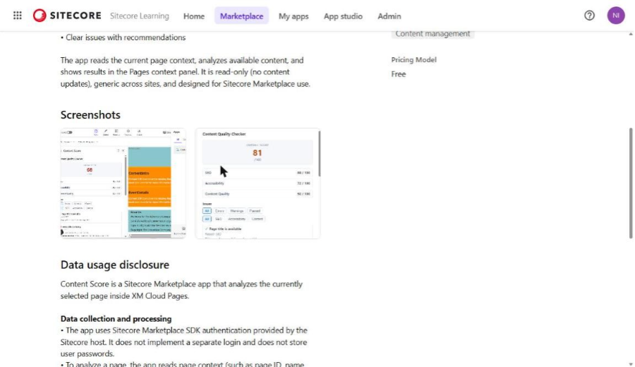 Listing screenshots and Data usage disclosure