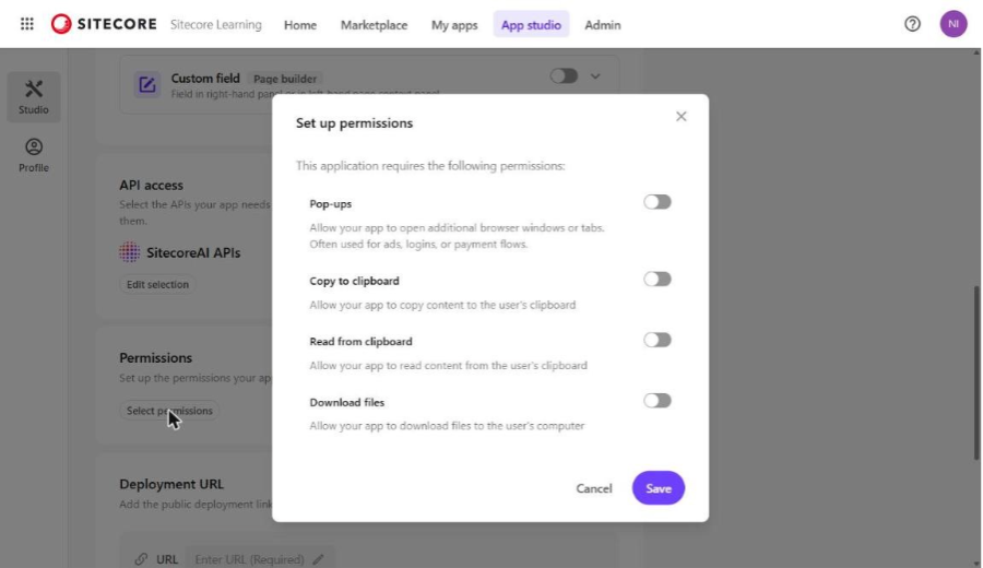 Set up permissions dialog