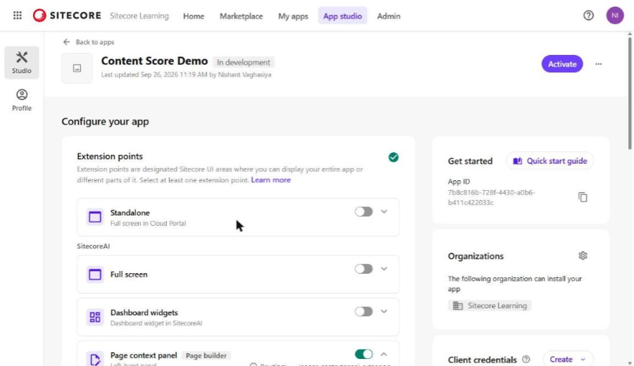 Configure your app – Extension points, App ID and Organizations