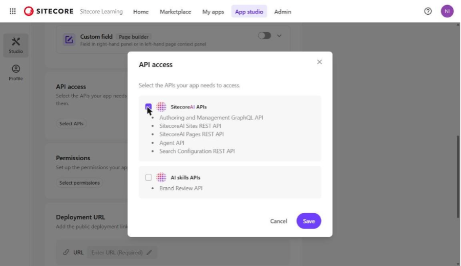 API access – SitecoreAI APIs selected