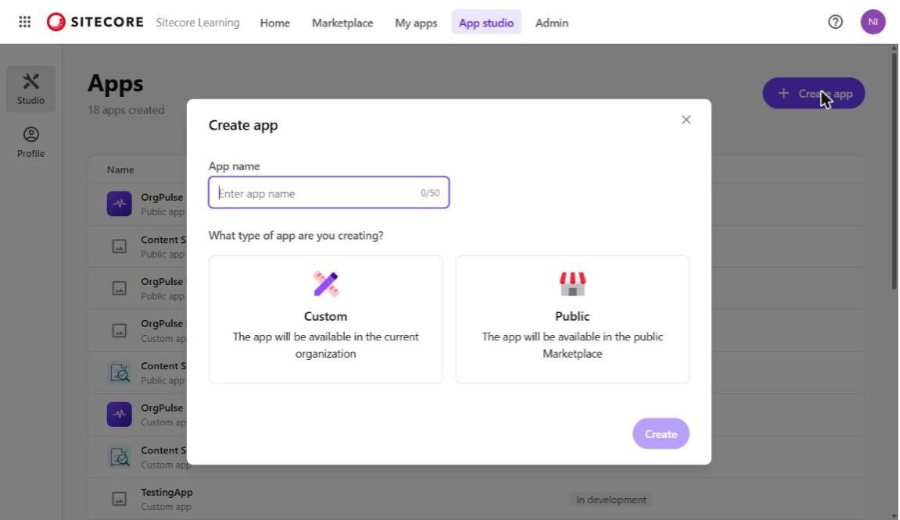Create app dialog
Create app dialog