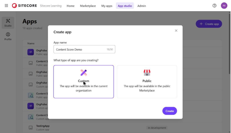 App name entered and Custom selected